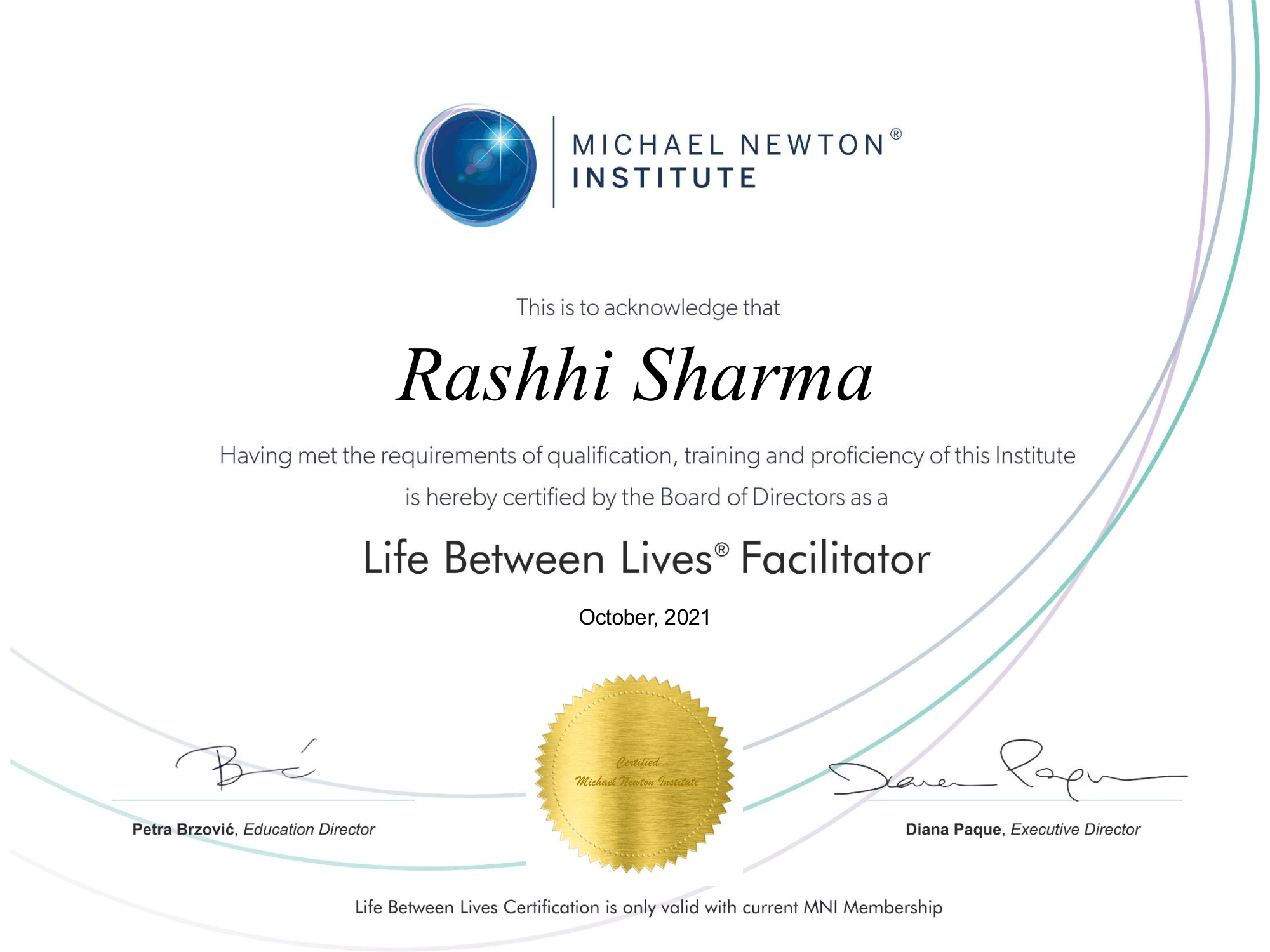 LBL certificate of Dr Rashhi Sharma by Michael Newton Institute, USA