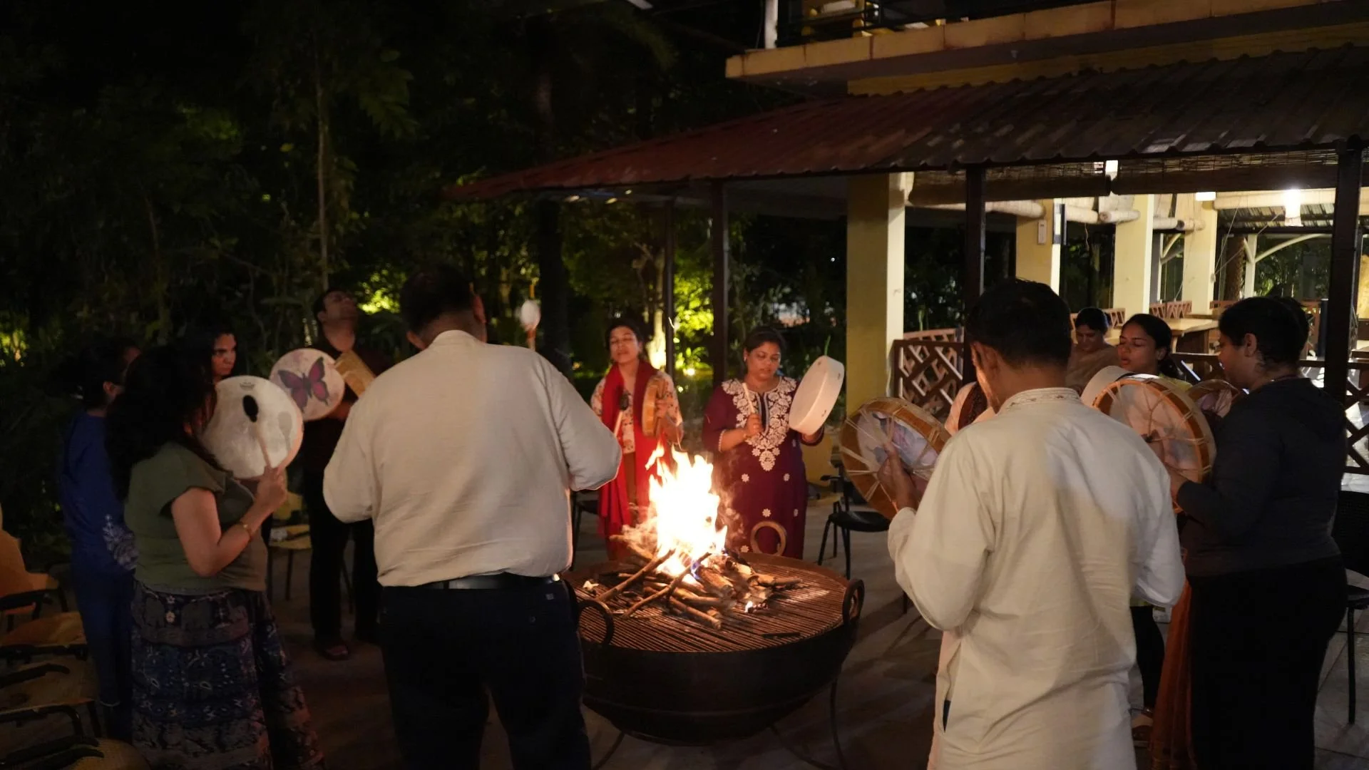 Ceremony and initiations with nature elements, including wind, fire, water, space and earth - are the essential elelemts of Shamanism. Here fire initiation is happening during shamanism training with Dr Rashhi Sharma