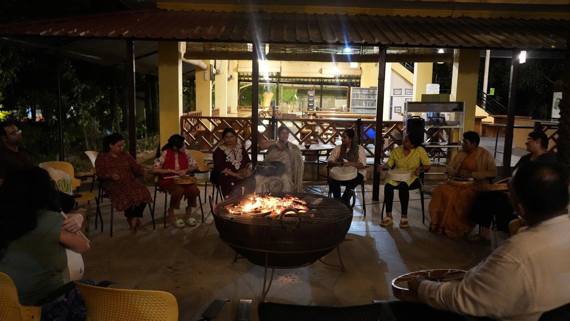 students with Dr Rashhi Sharma during OBE retreat, bonfire