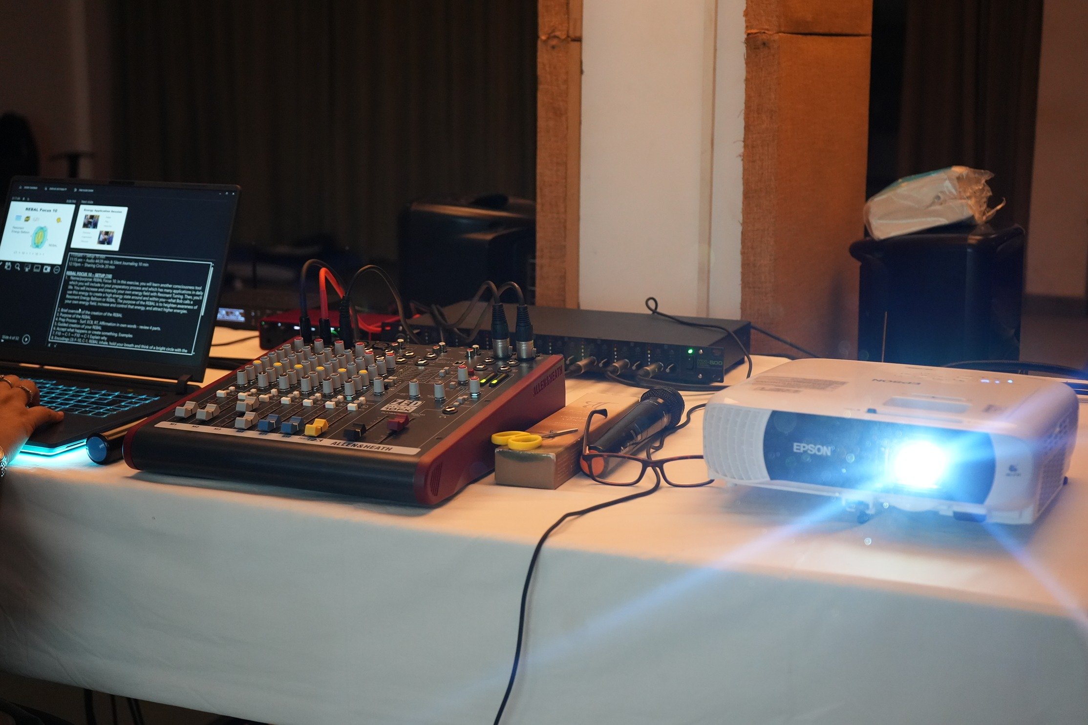Music setup with professional audio mixer, sound card and amplifiers