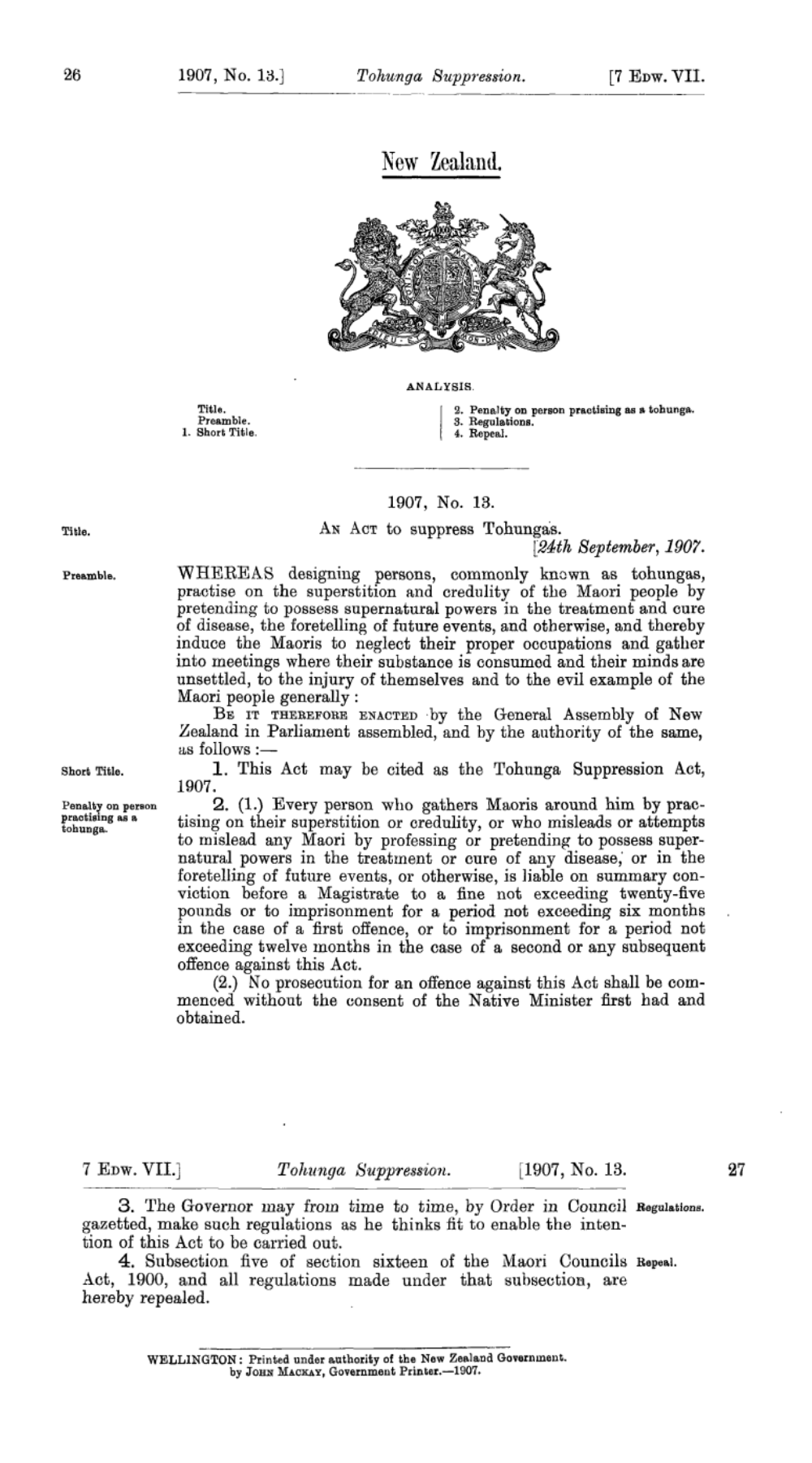 Tohunga Suppression Act 1907, Public Act 1907 No 13