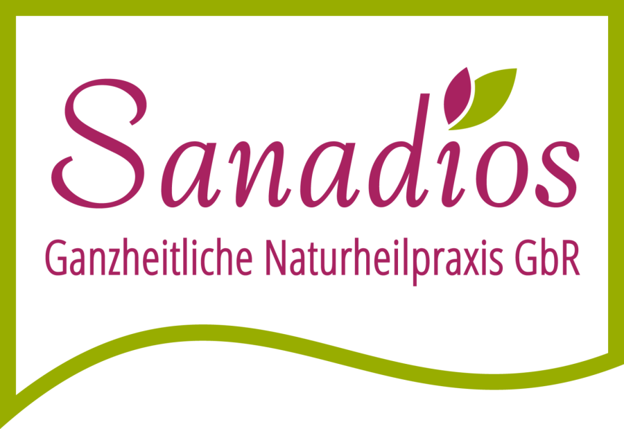 Sanadios Ganzheitliche Naturheilpraxis GbR Logo, Sprechblase mit Blatt Symbol im Schriftzug