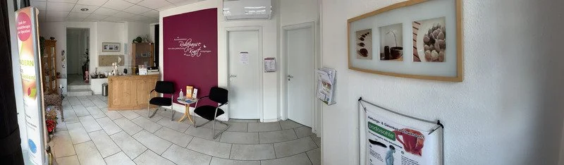Innenansicht der Sanadios Ganzheitliche Naturheilpraxis in Mainz-Hechtsheim mit Wartebereich, Empfangsbereich und ruhiger Praxisatmosphäre.