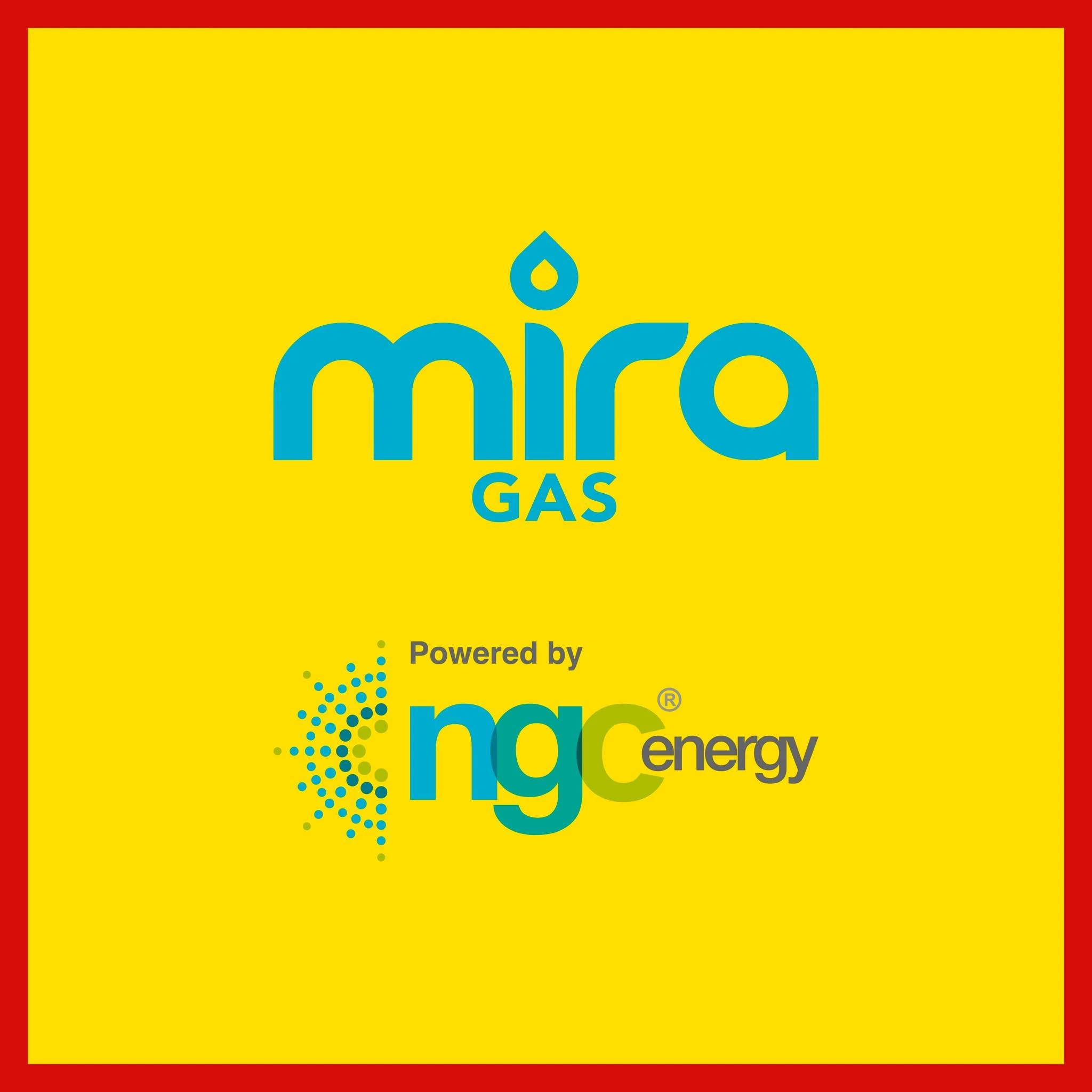Mirag Gas logo with yellow background, blue and green text, and a dotted design element.