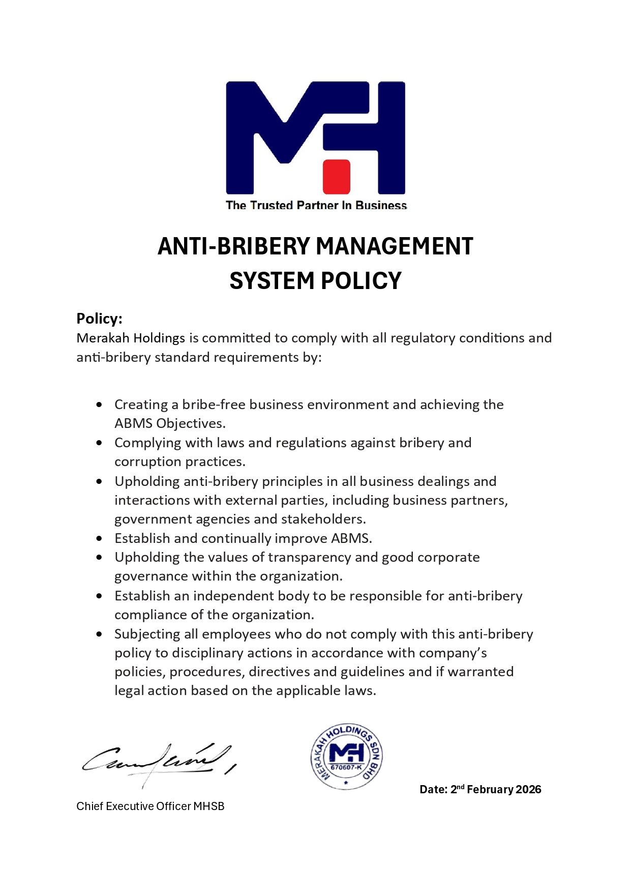Document titled 'Anti-Bribery Management System Policy' with Merakah Holdings logo at the top, discussing anti-bribery standards, compliance, transparency, and ethics, signed by the Chief Executive Officer and dated February 2, 2026.