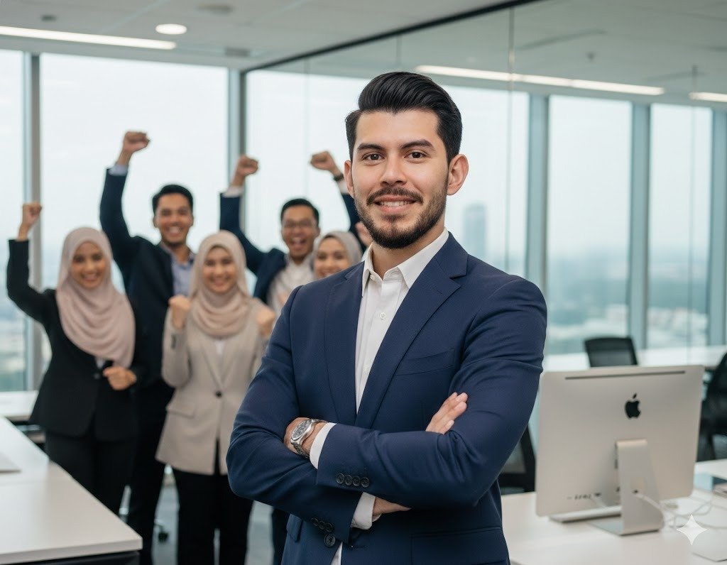 A confident man in a blue suit standing with arms crossed in a modern office, with five happy colleagues behind him celebrating with raised fists.