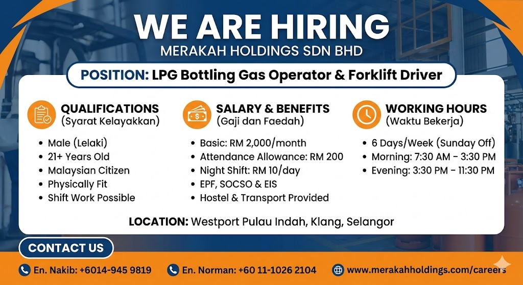 A job advertisement for LPG Bottling Gas Operator and Forklift Driver positions at Merakah Holdings Sdn Bhd, including qualifications, salary, working hours, location, and contact information.