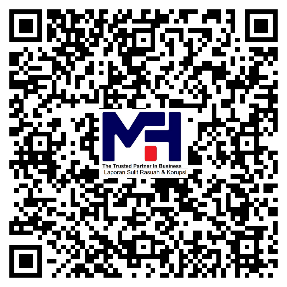 QR code with a logo in the center reading 'MH' in stylized blue letters and a red square, underneath the text 'The Trusted Partner In Business' and 'Laporan Sulit Rasuah & Korupsi'.