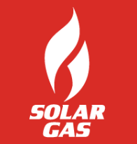Solar Gas logo featuring a white flame symbol on a red background with the words 'SOLAR GAS' in white