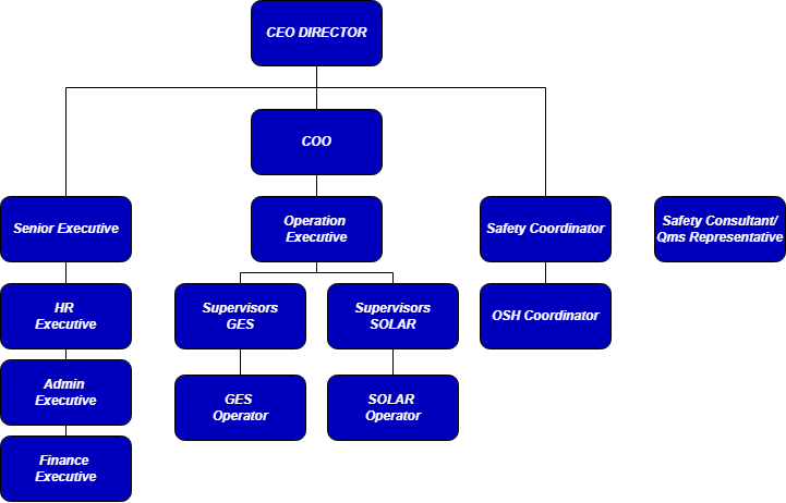 Organizational chart showing company hierarchy with positions like CEO Director at the top, followed by COO, then various executives and supervisors, and safety and HR roles at the bottom.