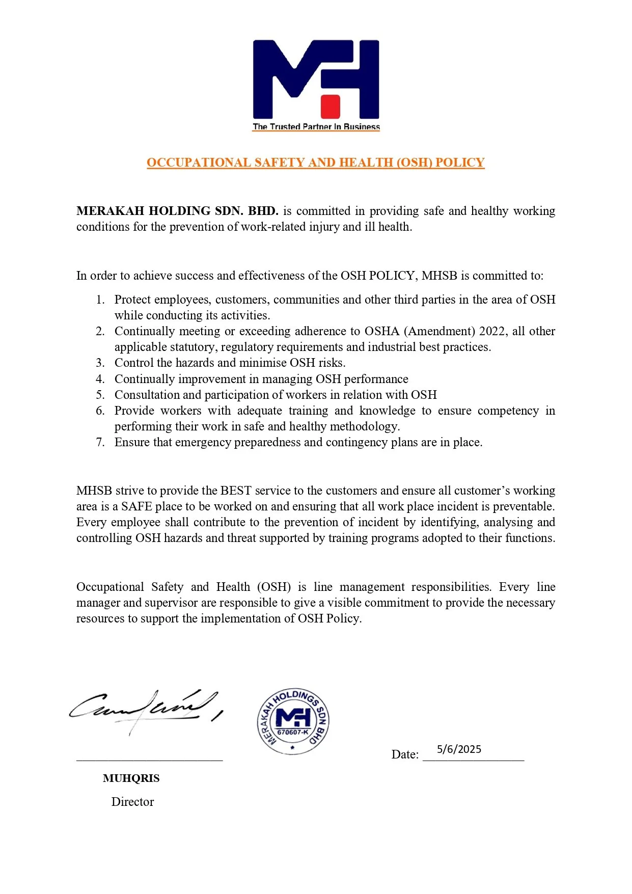 Occupational Safety and Health (OSH) policy document from Merakah Holdings Sdn. Bhd., including company logo, policy objectives, and signature at the bottom.