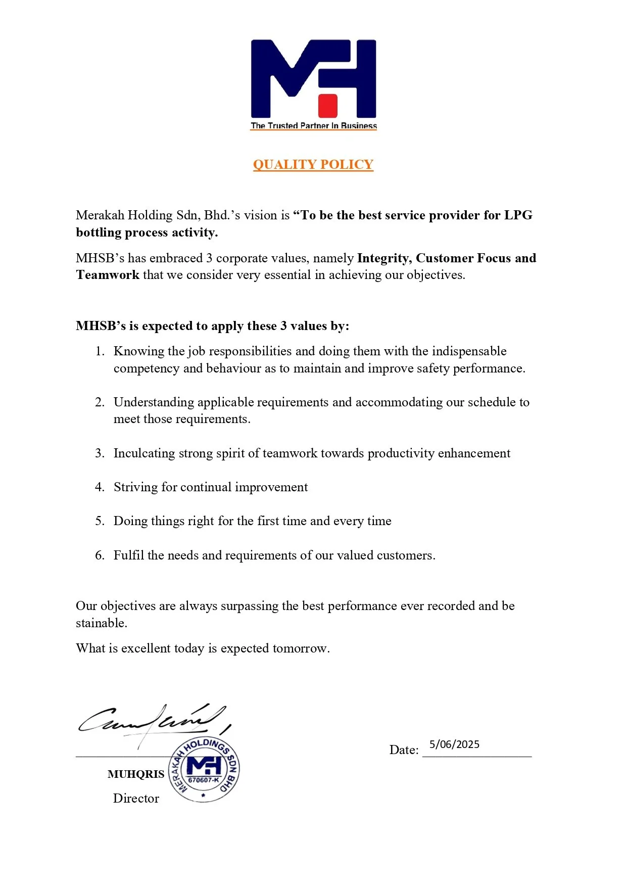 Company policy document from Merakah Holding Sdn. Bhd. outlining their quality policy, core values, and expectations for employee behavior, signed by the director and dated 5/06/2025.