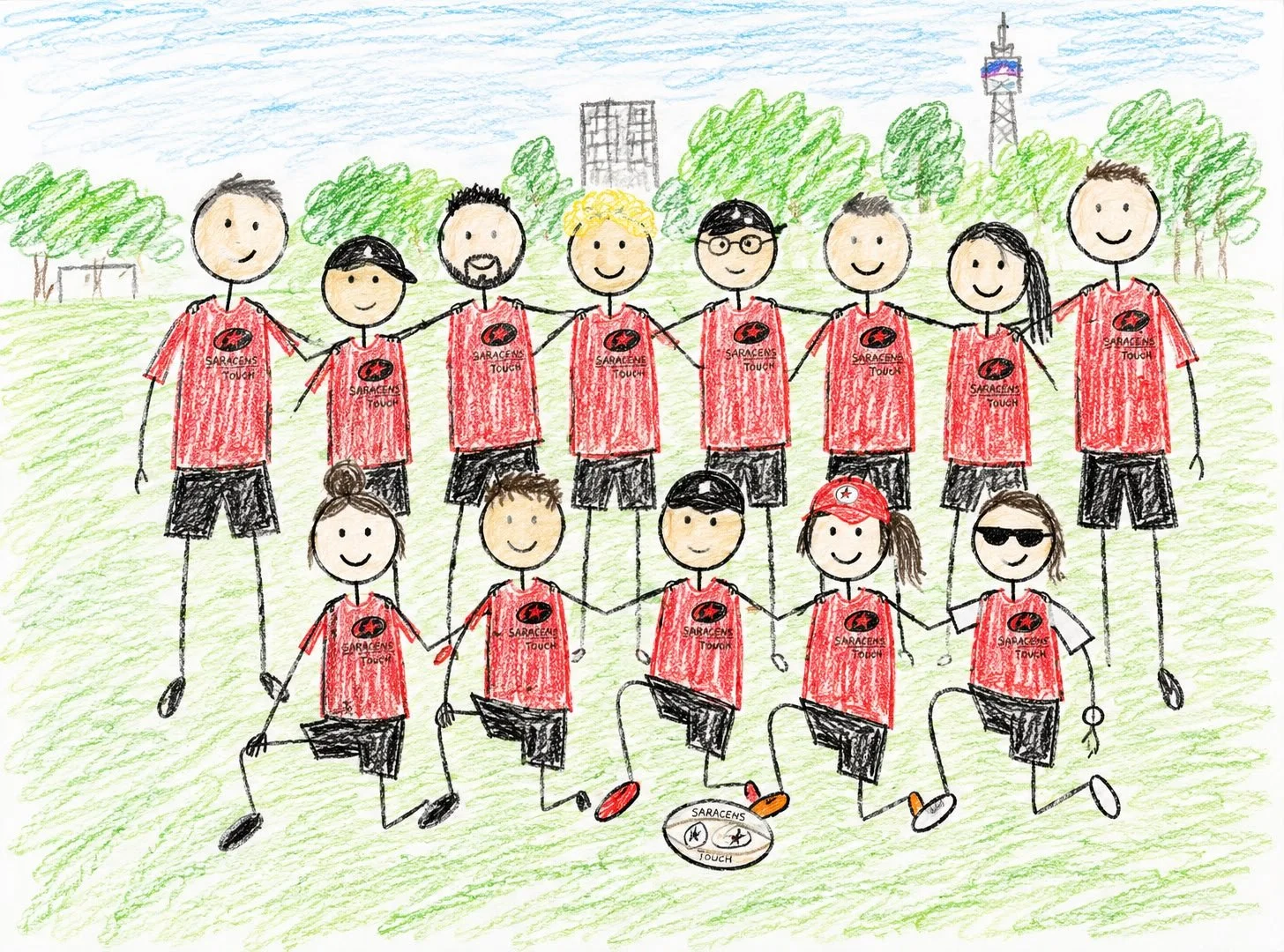 Children and teenagers in a soccer team wearing red shirts with 'Saracens Touch' logo, standing on a grassy field with green trees and a city skyline in the background, posing for a team photo.