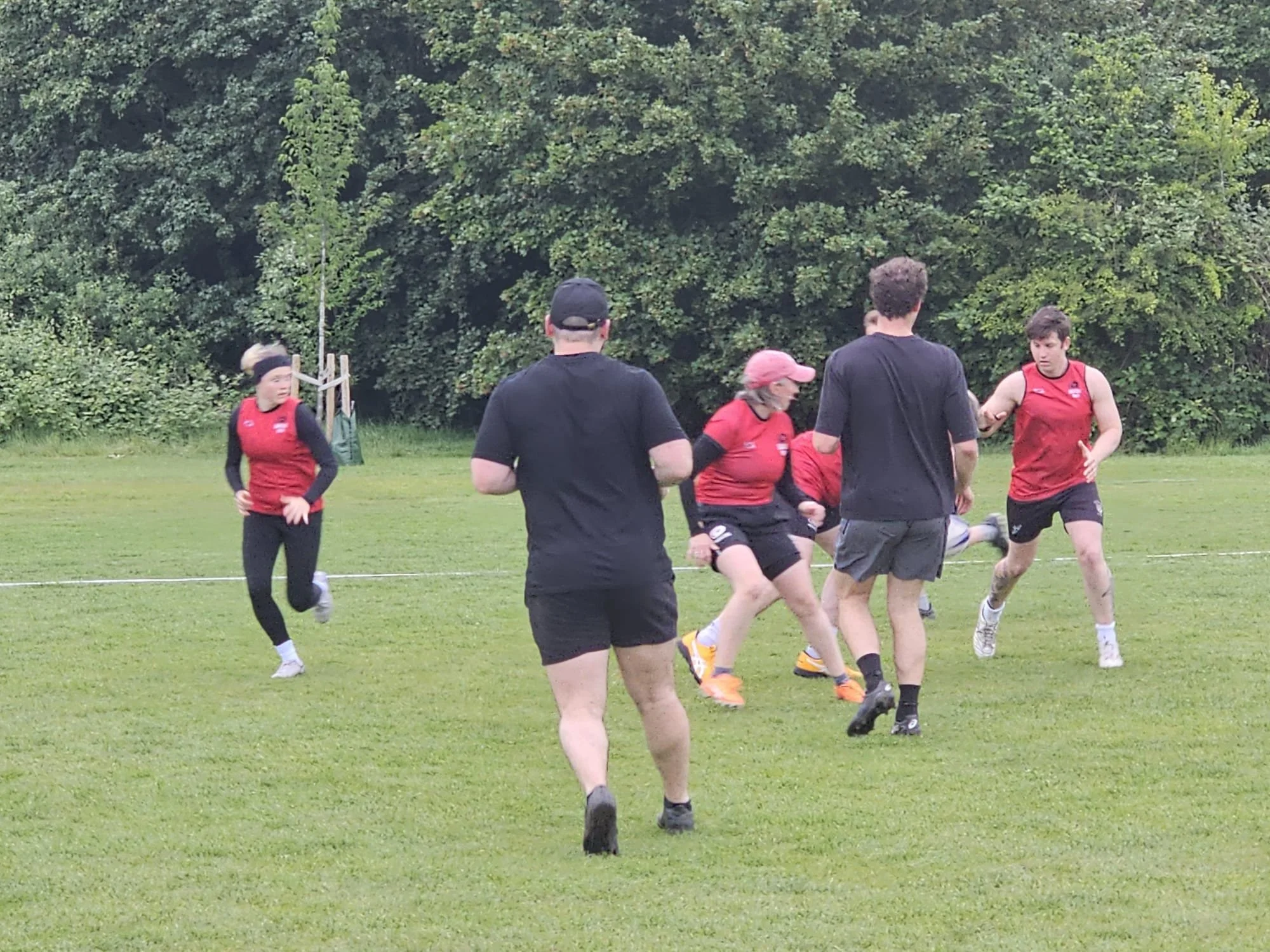Group of people playing rugby on a grassy field surrounded by trees.
