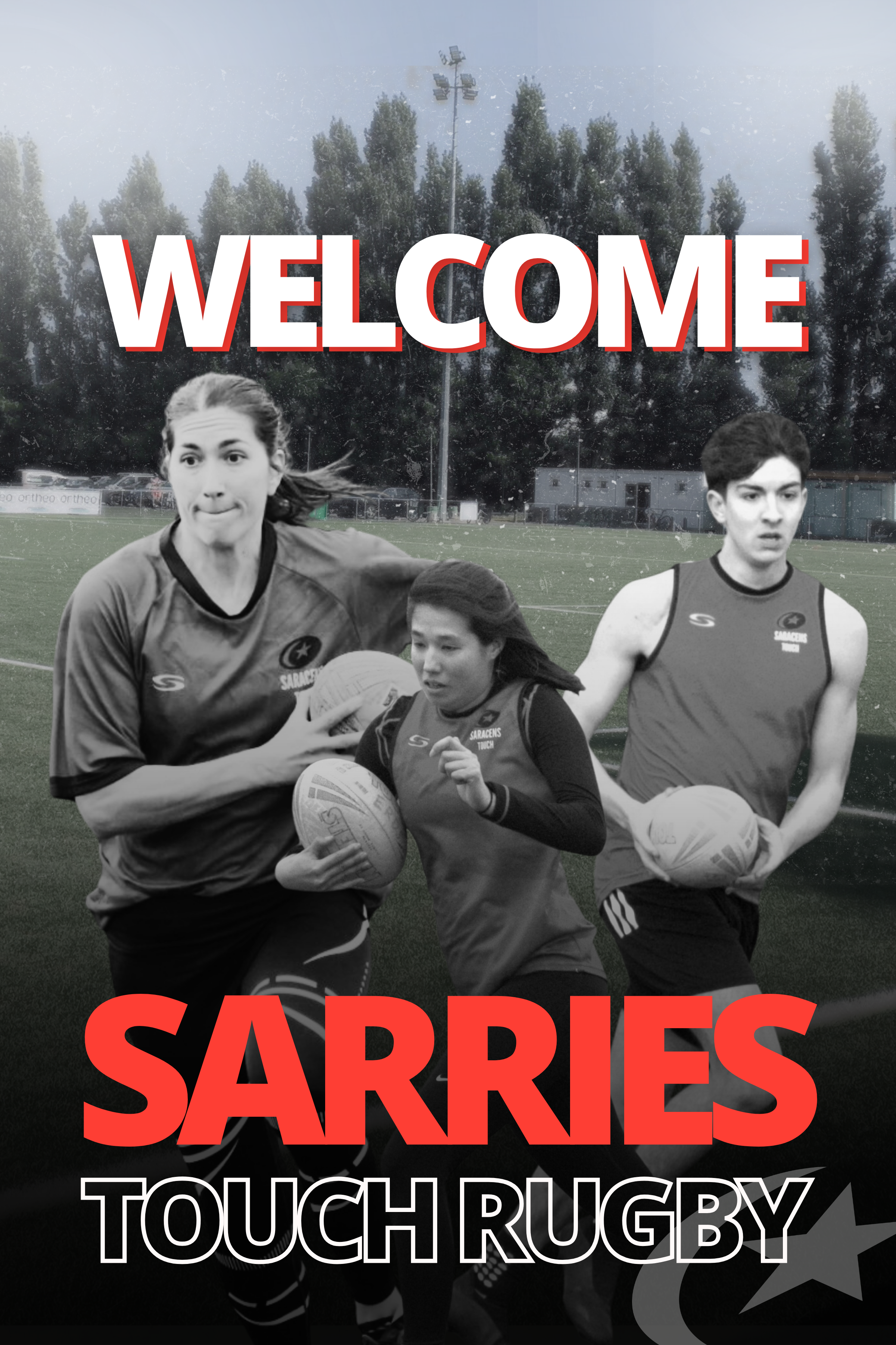 Three female rugby players holding rugby balls on a field with a large 'WELCOME SARRRES TOUCH RUGBY' text overlay.