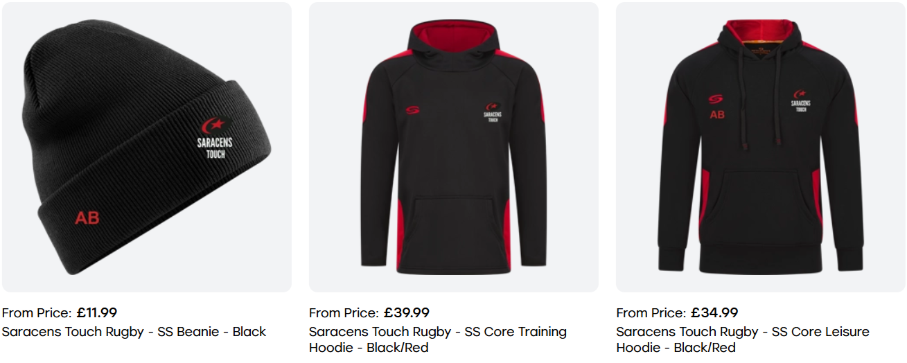 A black beanie hat with red initials 'AB' and a Saracens Touch logo, a black and red Saracens rugby training hoodie, and a black and red Saracens rugby leisure hoodie.