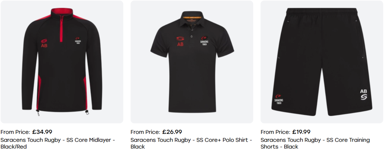 Set of Saracens Touch Rugby team apparel, including a long-sleeve black and red midlayer, a black polo shirt, and black training shorts with team logos.