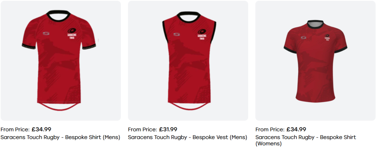 Three red Saracens rugby shirts with black accents displayed on a website.