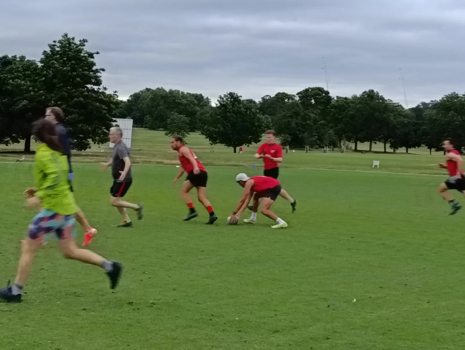 People playing rugby on a grassy field under cloudy sky in a park, with trees in the background.