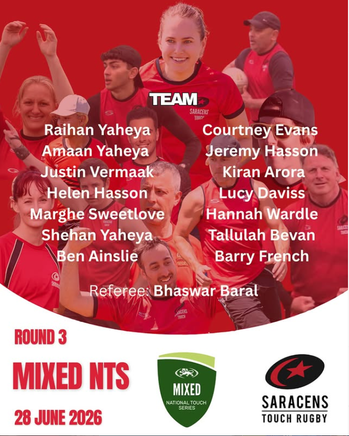 Image of a rugby team with players and staff wearing red jerseys, smiling, and posing for a team photo, with overlaid text listing team members, referee, and match details for a rugby match on June 28, 2026.