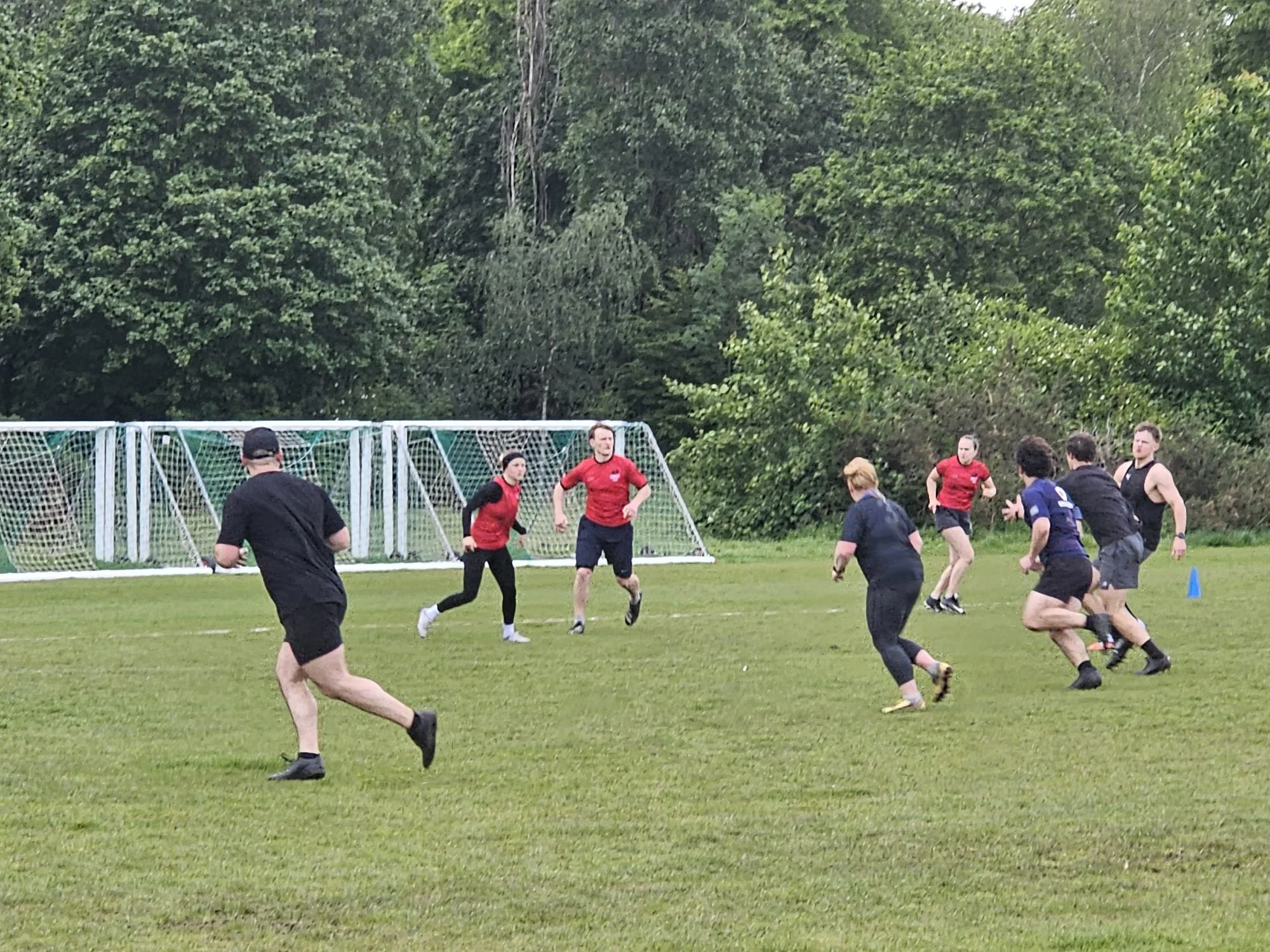 People playing soccer on a grassy field with goalposts and a background of dense green trees.