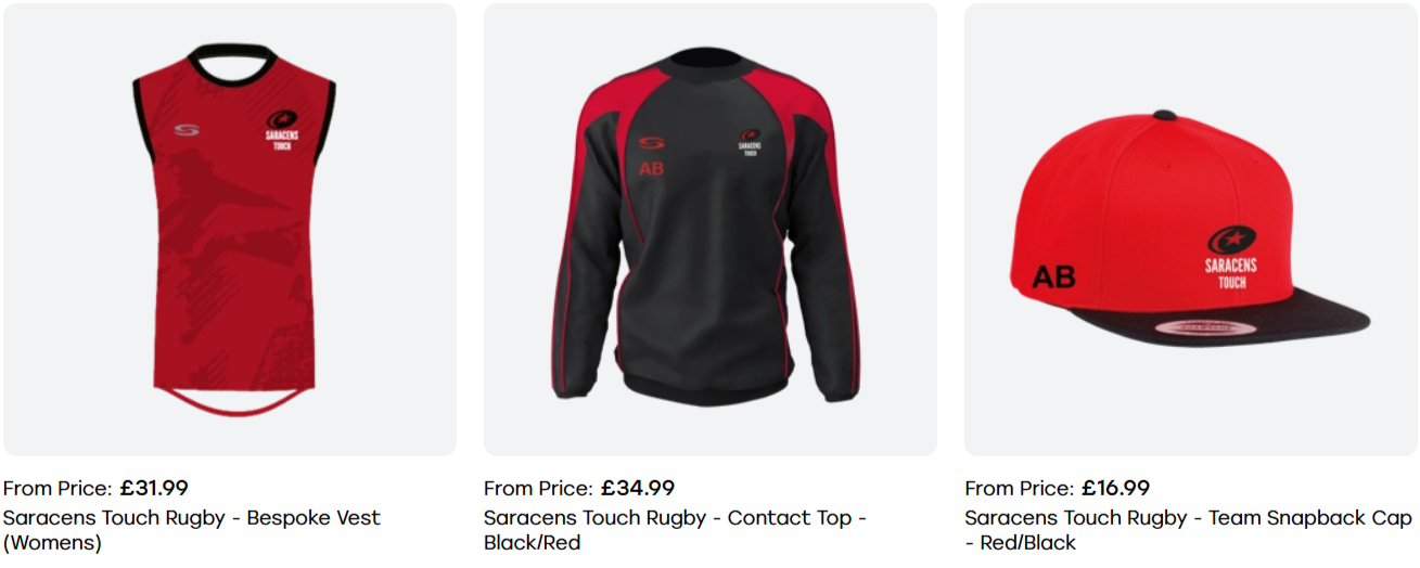 Three Saracens Touch Rugby team apparel items: a red sleeveless vest, a black and red contact top, and a red and black snapback cap.