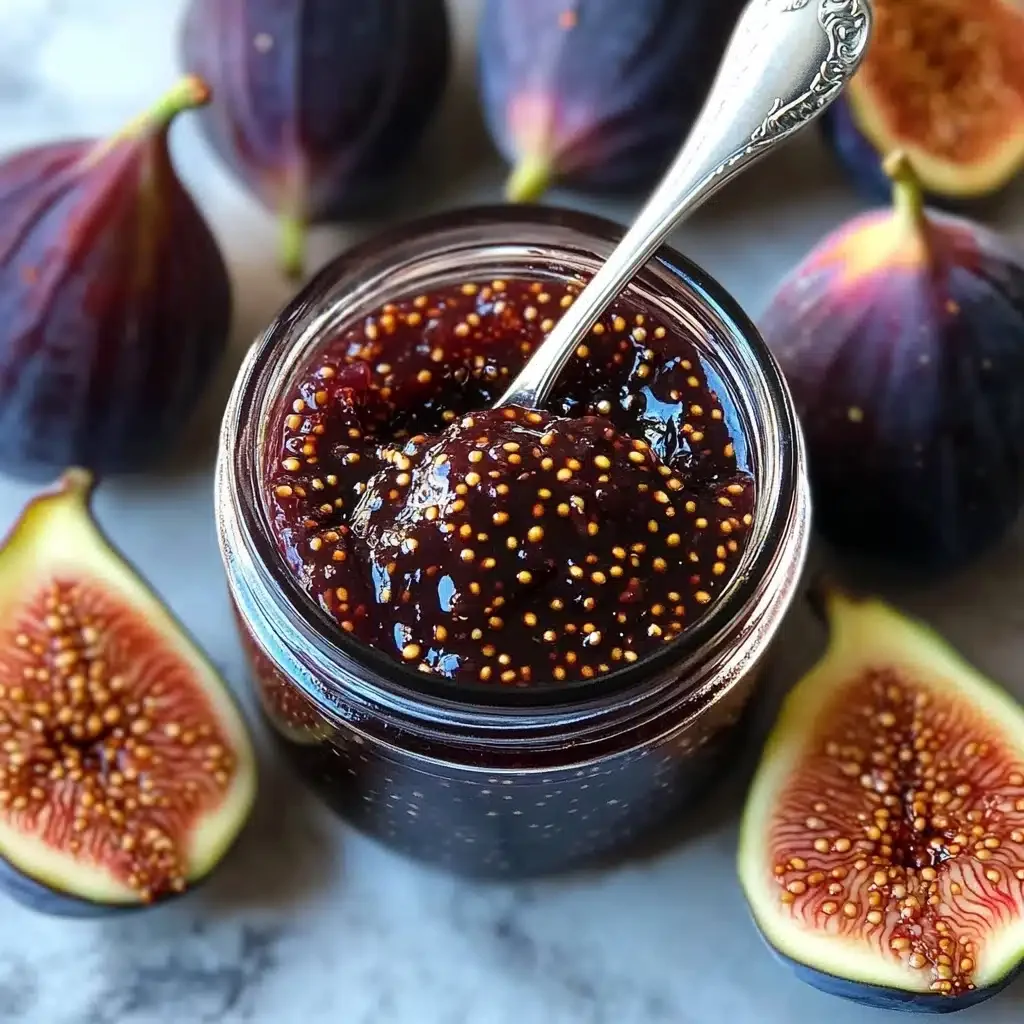 A jar of fig jam with a spoon inside, surrounded by fresh figs, some cut in half showing their pink flesh and tiny seeds.