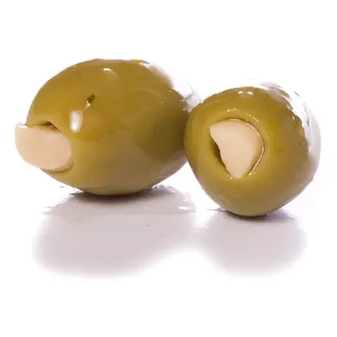 Two green olives with pimentos, one larger and one smaller, on a white background