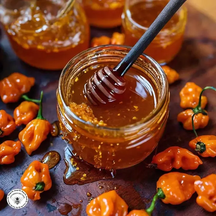 A jar of honey with a honey dipper resting inside, surrounded by orange habanero peppers on a dark wooden surface.