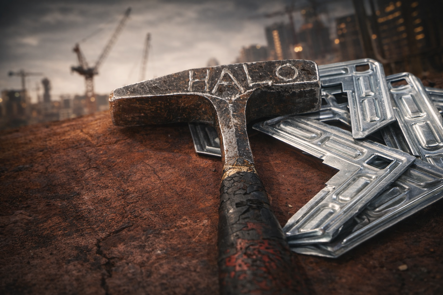 A rusted hammer with the word 'HALO' engraved on its head, resting on a rusty surface alongside a pile of metal duct tapes, with a construction site and cranes in the background.