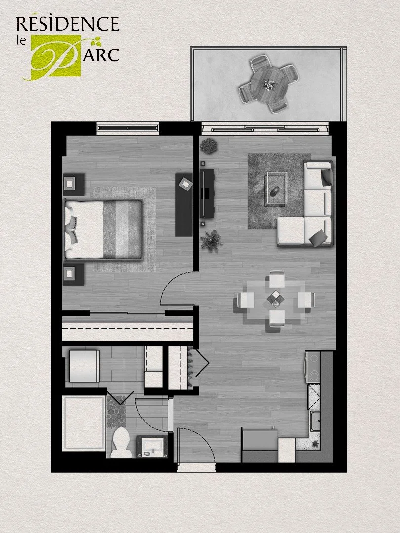 Plan d'un appartement d'une chambre à coucher à la Résidence Le Parc, Saint-Léonard