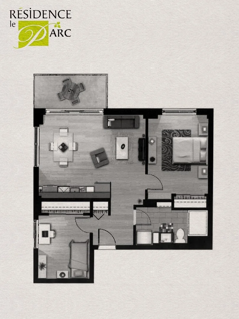 Plan d'un appartement de deux chambres à coucher à la Résidence Le Parc, Saint-Léonard