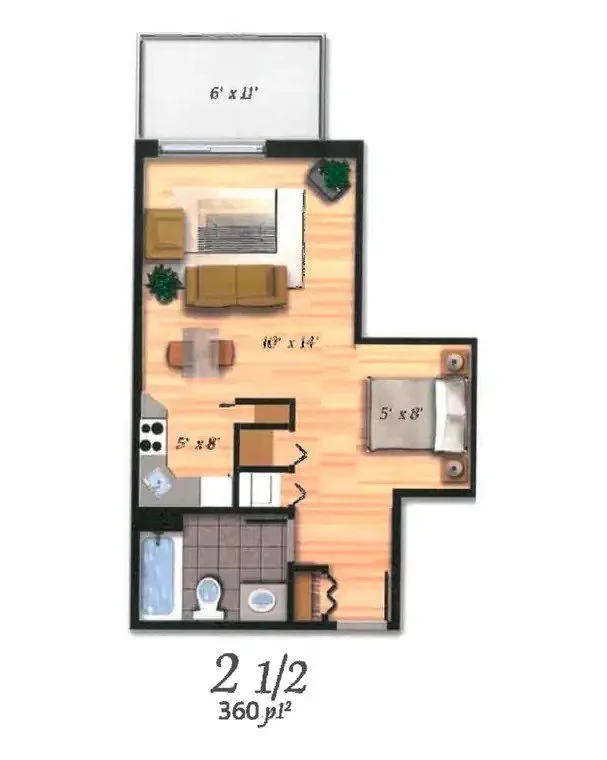 Exemple de plan d'un studio (2,5 appartements, 33,5 m²) avec balcon privé