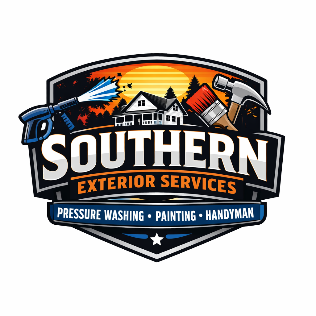 Logo for Southern Exterior Services featuring a spray gun, paintbrush, hammer, and house silhouette against a sunset background with trees.