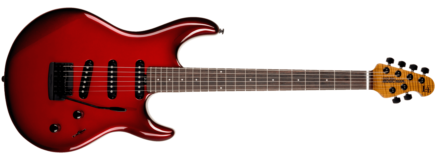 Red electric guitar with a sleek, modern design and a wooden headstock.