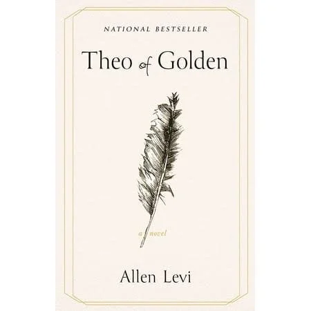 Cover of the book 'Theo of Golden' by Allen Levi, featuring a simple white background with a feather illustration in the center.