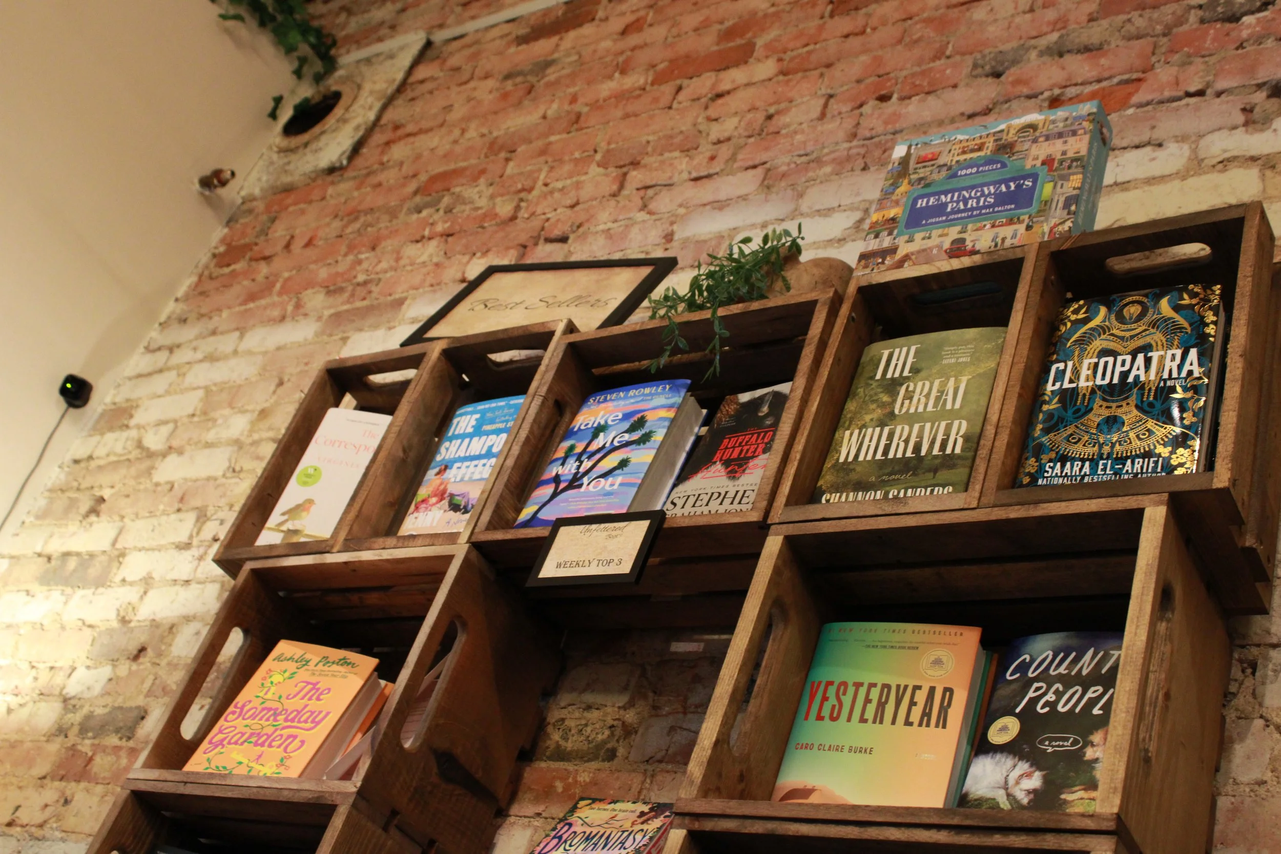 Wooden bookshelves mounted on a brick wall with various books displayed. Some books are titled 'The Great Wherever', 'Cleopatra', 'Yesteryear', and 'The Someday Garden'. A picture frame with the words 'Read Eas' and a potted plant are also on the shelves.