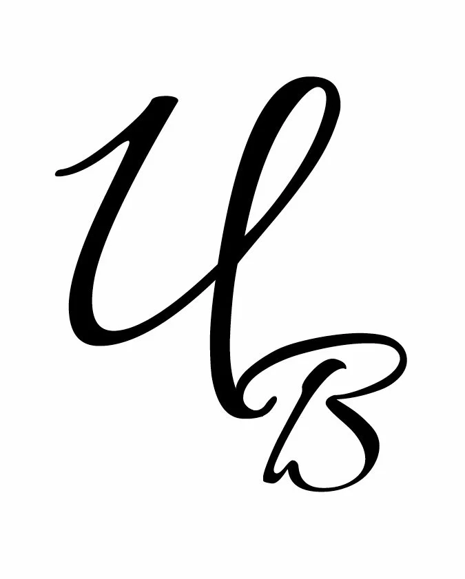 Stylized black cursive initials 'U' and 'B' on a white background.