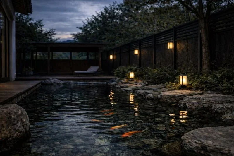 Nighttime view of a backyard pond surrounded by rocks and illuminated by lanterns, with a wooden deck and lounge chair in the background.