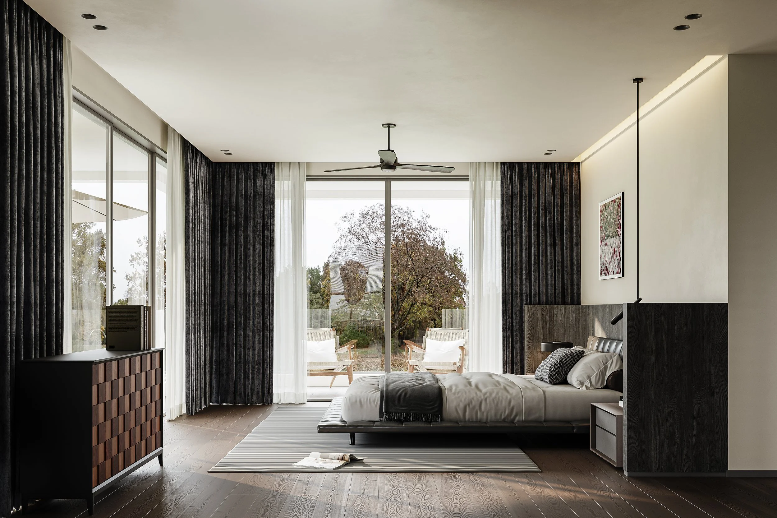 Modern bedroom with large glass sliding door leading to balcony with outdoor seating, black curtains, wooden floor, bed with white bedding, side tables, striped rug, framed artwork on wall, ceiling fan, and minimalist decor. Cityvista residences意式轻奢
