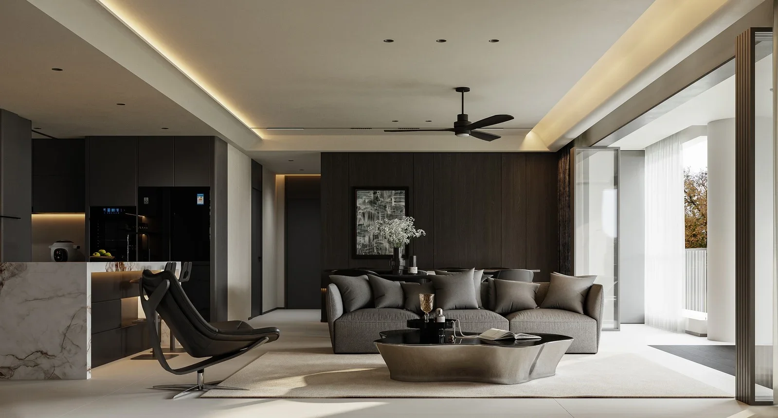 Modern living room with grey sofa, black coffee table, armchair, and floor-to-ceiling windows, decorated with a vase of flowers and framed artwork on the dark wood wall. Italy chic, Italian chic modern style, Transitional, Contemporary意式轻奢