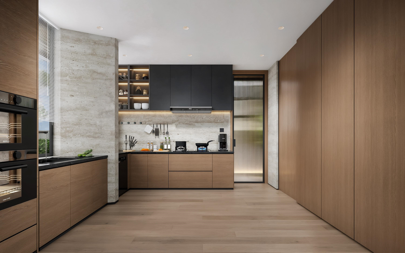 Modern kitchen with wooden cabinets, black appliances, and a granite countertop. There are open shelves with dishes, a window with blinds, and a textured wall behind the countertop with kitchen utensils.