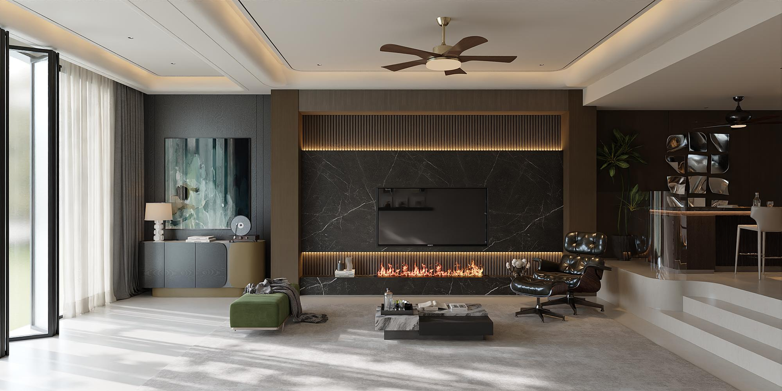 Modern living room with black marble accent wall, fireplace, flat-screen TV, black leather lounge chair, green ottoman, marble coffee table, and large windows with white and gray curtains.