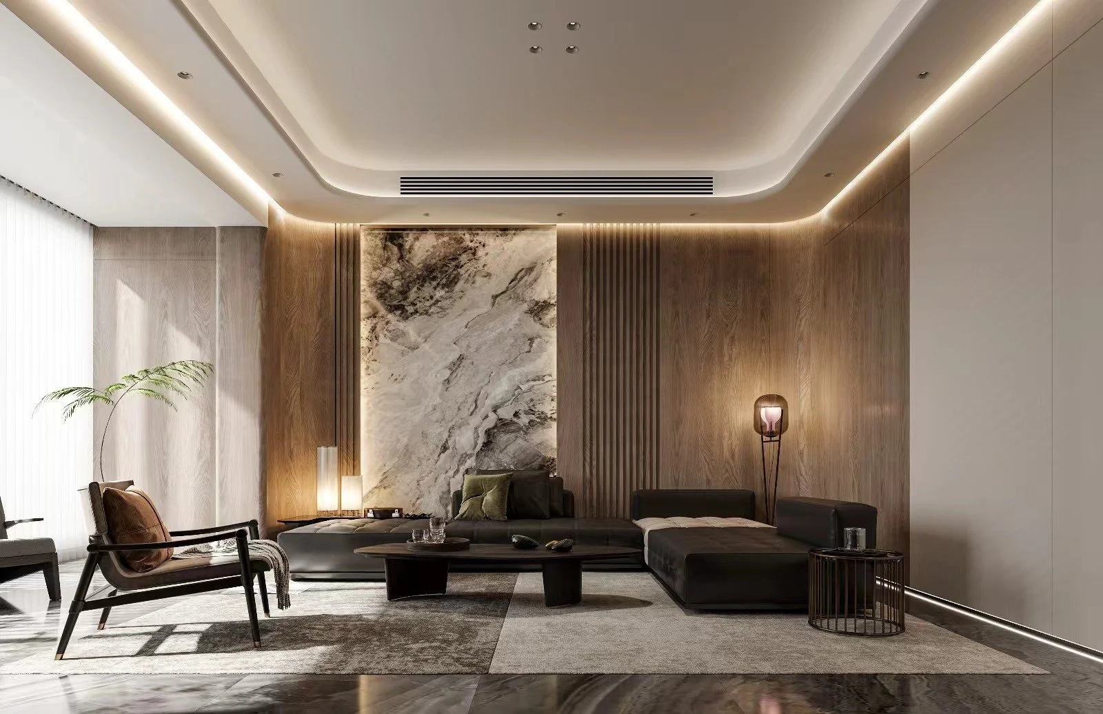 Modern living room with wooden walls, marble accent wall, minimalist furniture including sofas and chairs, and soft ambient lighting. For GCB, landed, townhouse, luxury, modern style in Singapore. For GCB, townhouse, landed, Semi-D. 现代中古风，别墅设计，豪宅设计