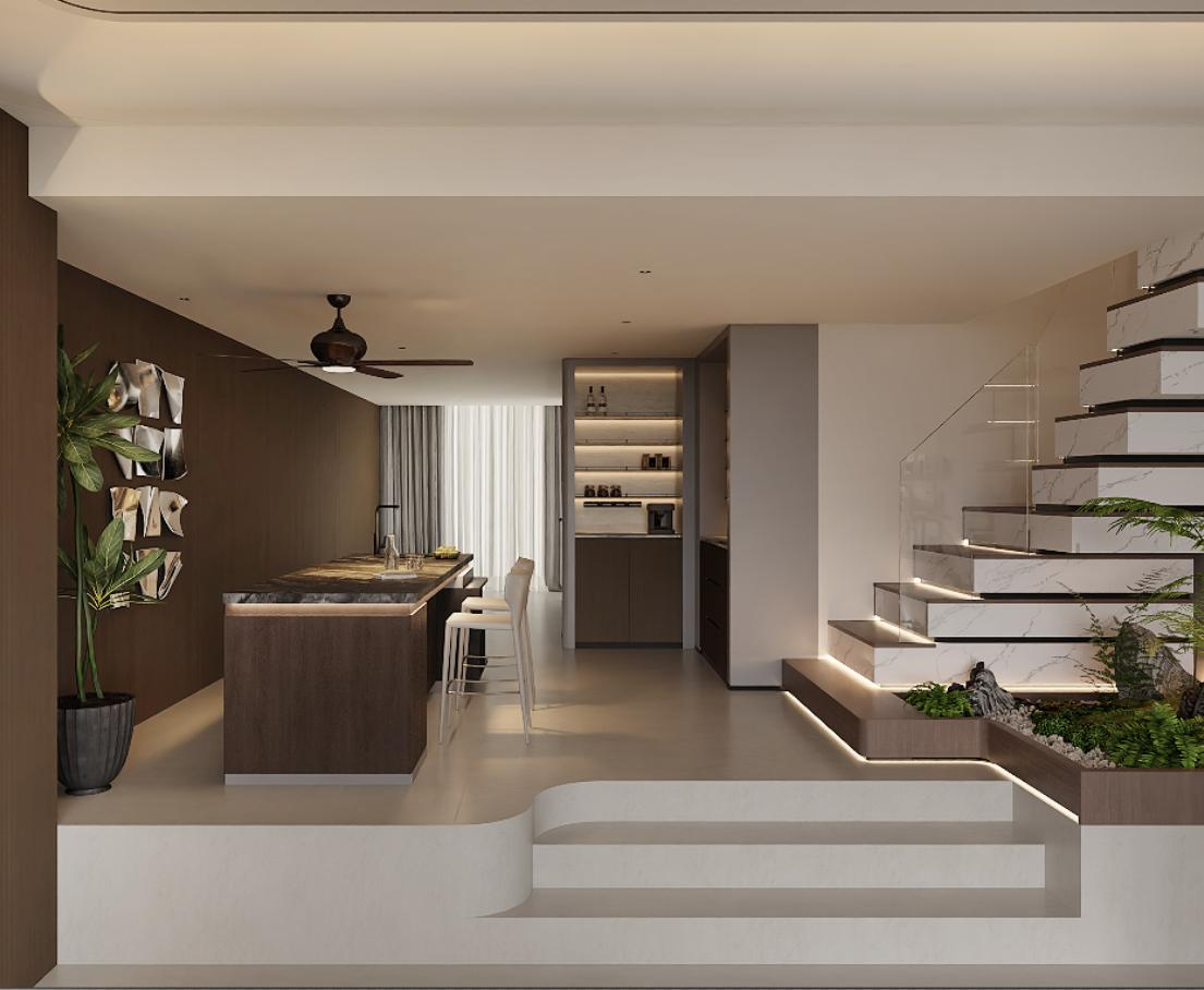 Modern interior of an open-concept living space with a staircase, bar area with seating, and decorative plants.