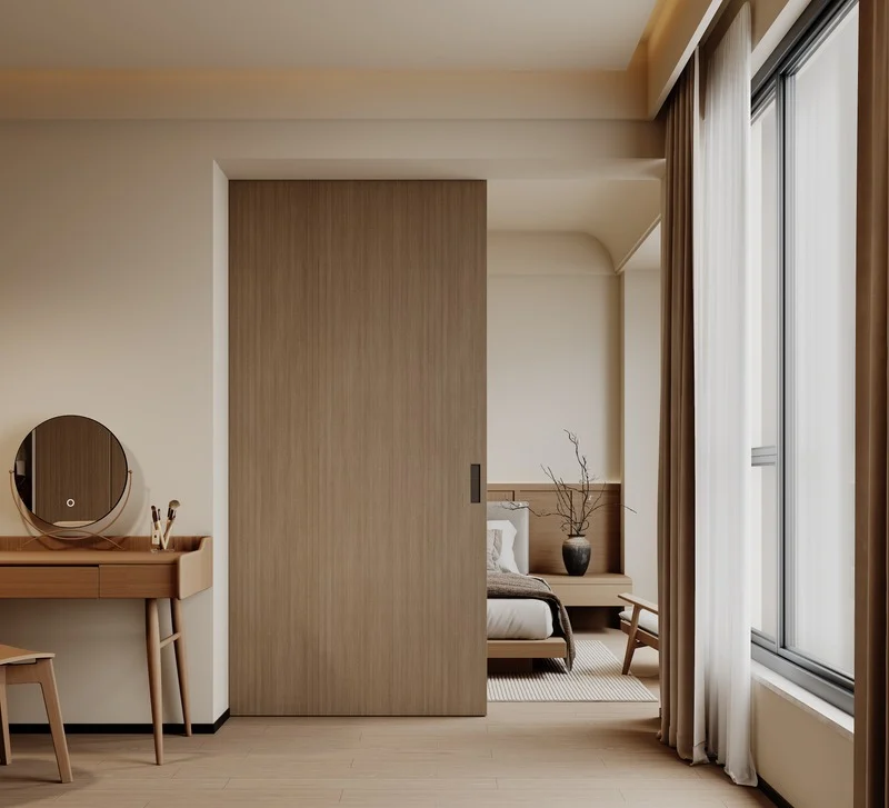 Minimalist bedroom with sliding wooden door, bed with white bedding, small wooden table, large window with sheer curtains, and a vase with bare branches. Wabi-sabi style bedroom interior design in Singapore. Japanese Scandinavian侘寂风，原木风，宋氏美学，极简风格
