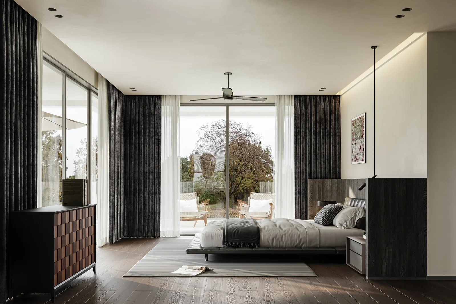 Modern bedroom with large sliding glass door opening to an outdoor patio with chairs and trees, containing a bed with black and white bedding, dark wood furniture, and white walls and curtains. Modern Country (Cottagecore) 意式原木，意式深色，意式轻奢