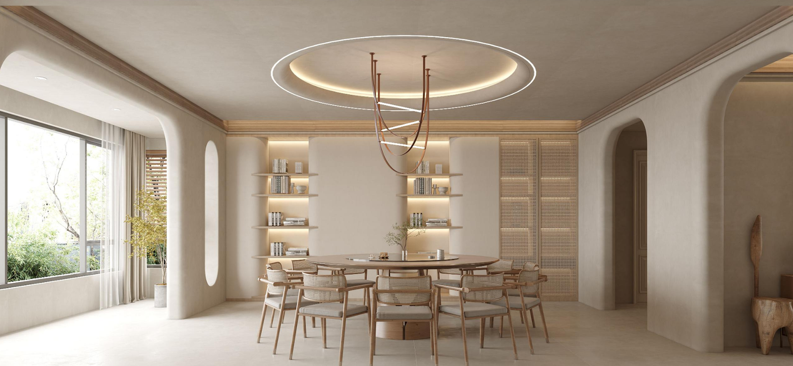 Luxurious modern living room with high ceilings, large windows with sheer curtains, a sleek fireplace, and contemporary furniture including sofas and chairs, accented by a unique sculptural light fixture hanging from the ceiling. For GCB, landed 别墅装修