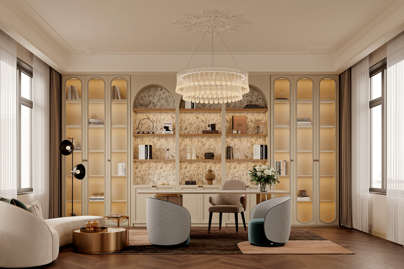 Elegant home office with built-in shelves, a desk, and modern furniture, featuring large windows with curtains and a chandelier overhead.
