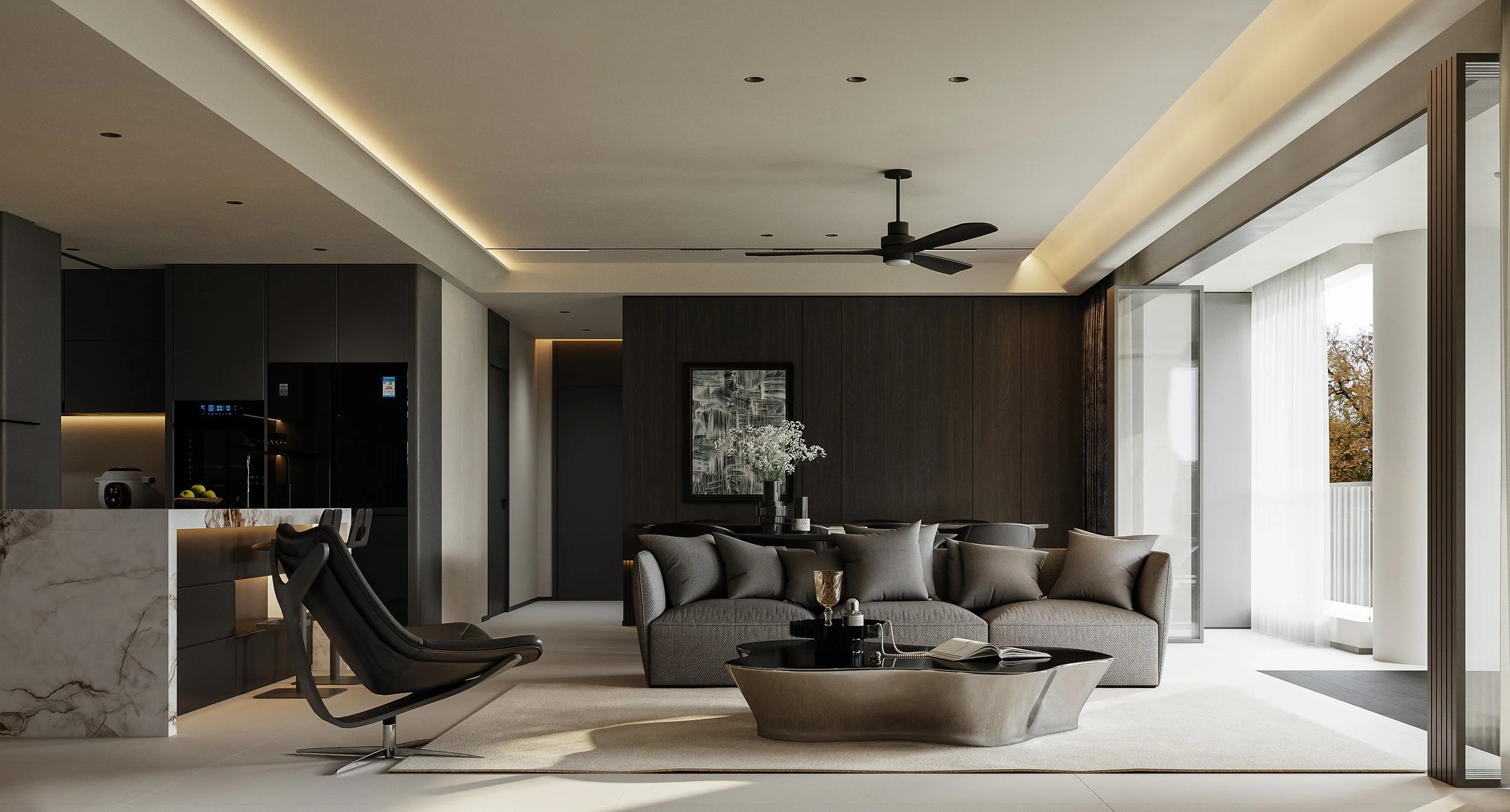 Modern bedroom with large glass sliding door leading to balcony with outdoor seating, black curtains, wooden floor, bed with white bedding, side tables, striped rug, framed artwork on wall, ceiling fan, and minimalist decor. Cityvista residences意式轻奢